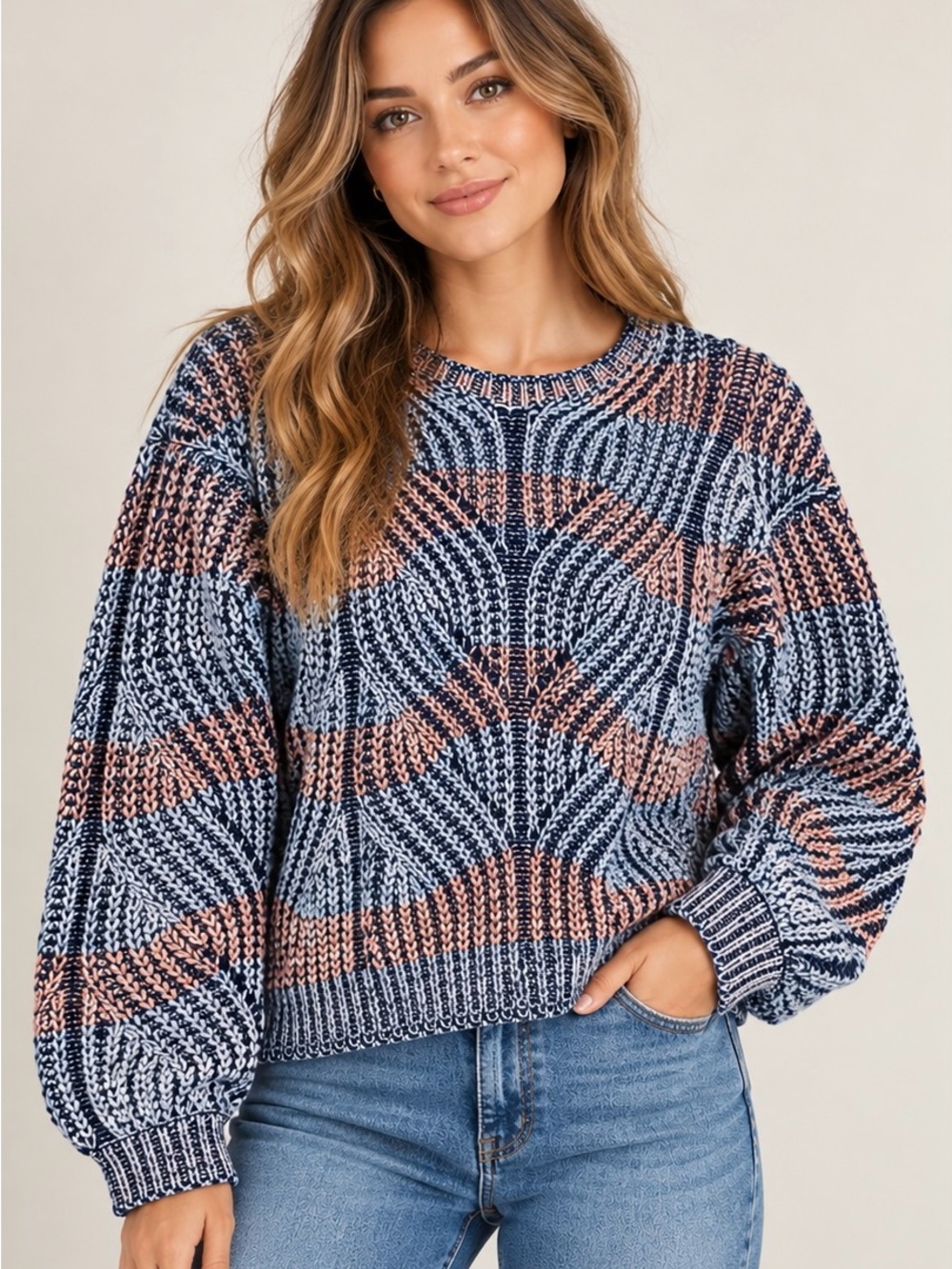 Knox Rose Women’s Medium Chunky Open Knit Sweater Blue Pink Oversized Pullover
